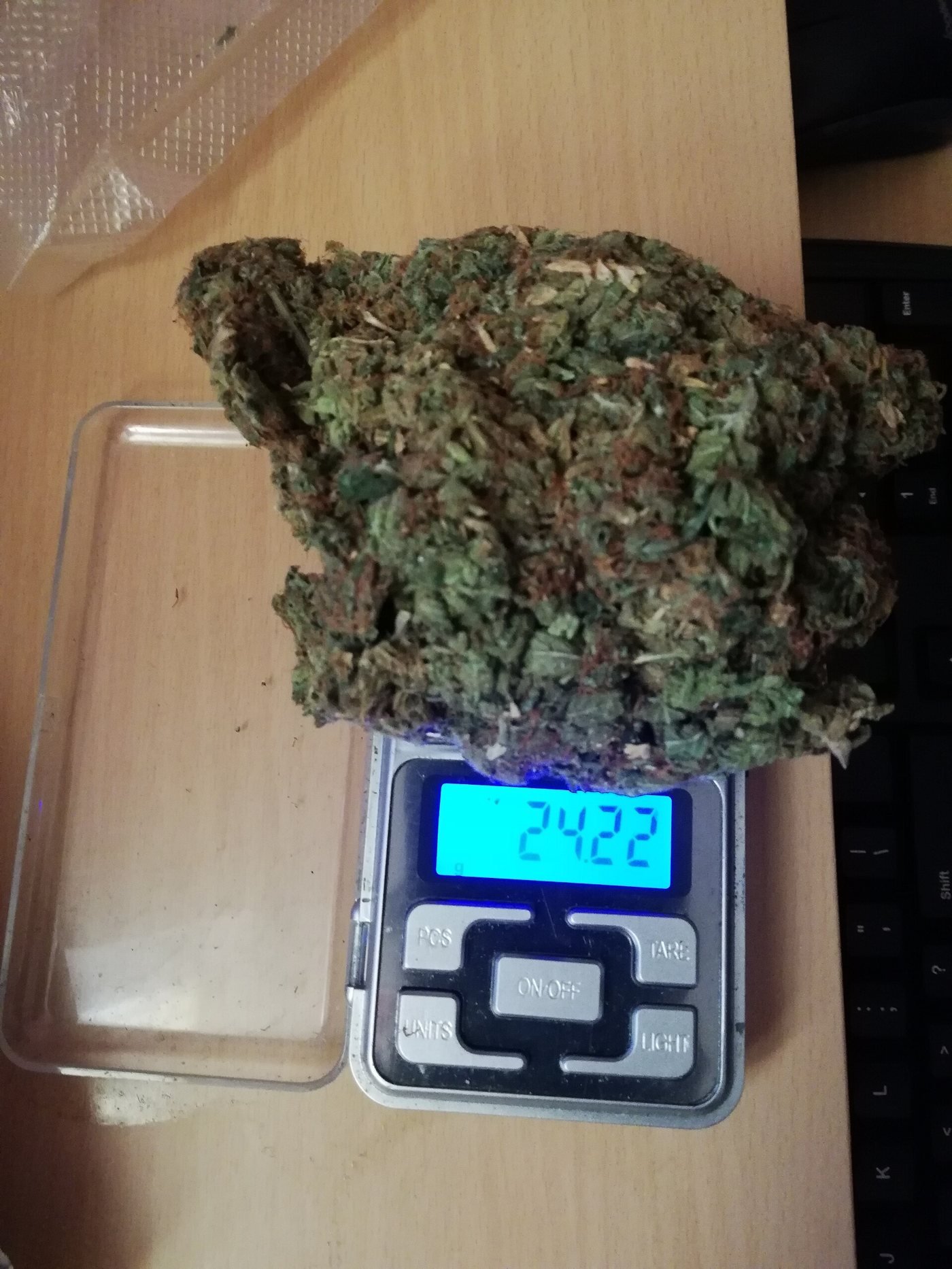 Cannabis buds weighed on a digital scale to buy weed online in Canada